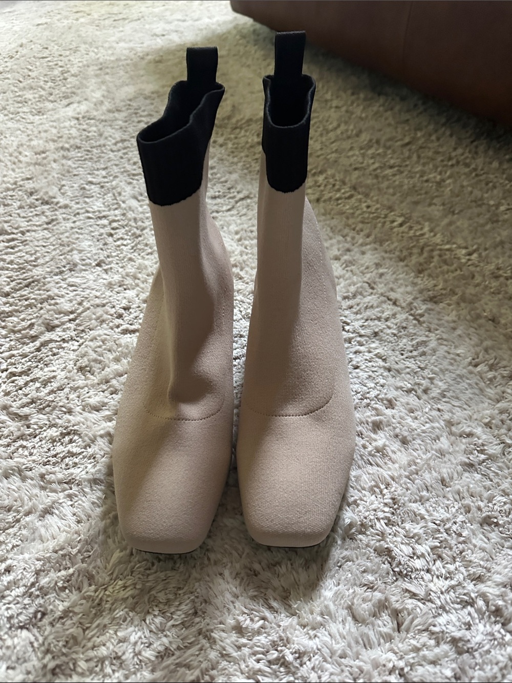 Neutral Beige Stretch Ankle Booties with Black Knit Cuff